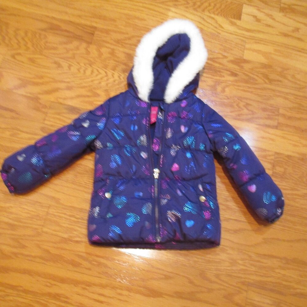 NWOT Girls London Fog purple insulated jacket with fur hood S 4 hearts pattern